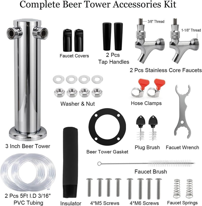 MRbrew Kegerator Tower Beer Tap Tower Dispenser Dual Faucet Beer Tower Draft Beer Dispenser Stainless Steel Keg Tap Tower 3'' Keg Tower Pre-assembled Line Beer Faucet Dispenser Kit For Home, Bar,Party - Image 2